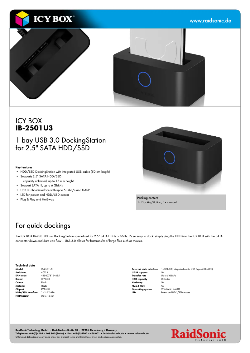 Page 1 de la notice Fiche technique Icy Box IB-2501U3