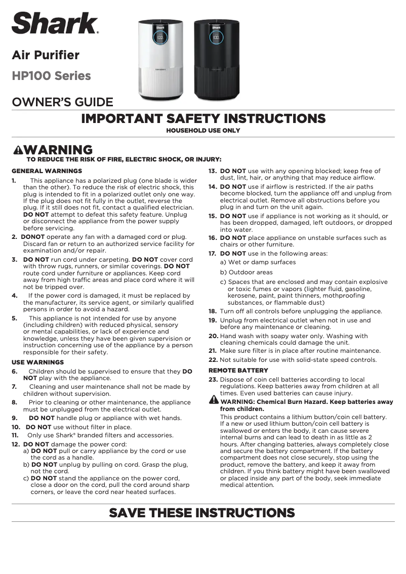 Page 1 de la notice Manuel utilisateur Shark HP102