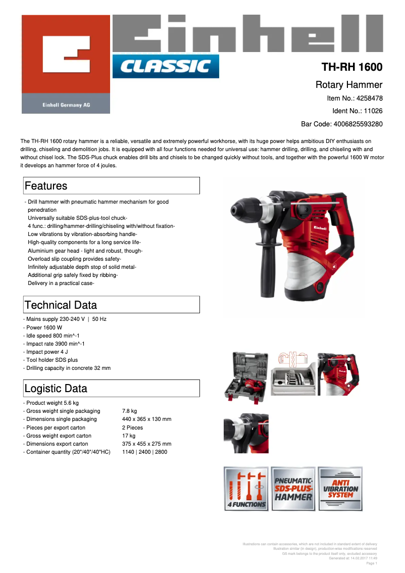 Page n°1 - Fiche technique Einhell TH-RH 1600