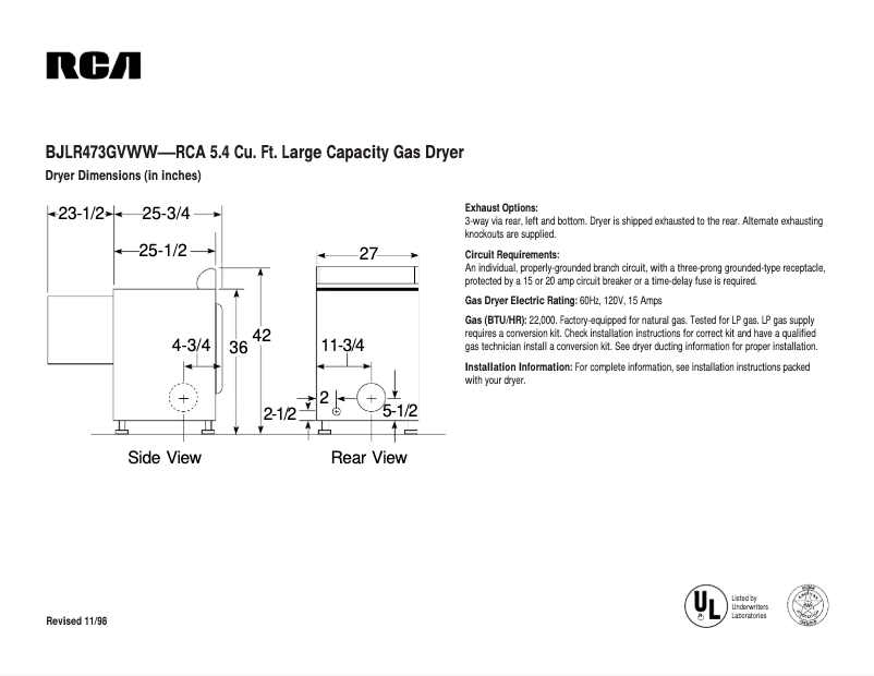 Page 1 de la notice Fiche technique RCA BJLR473GVWW
