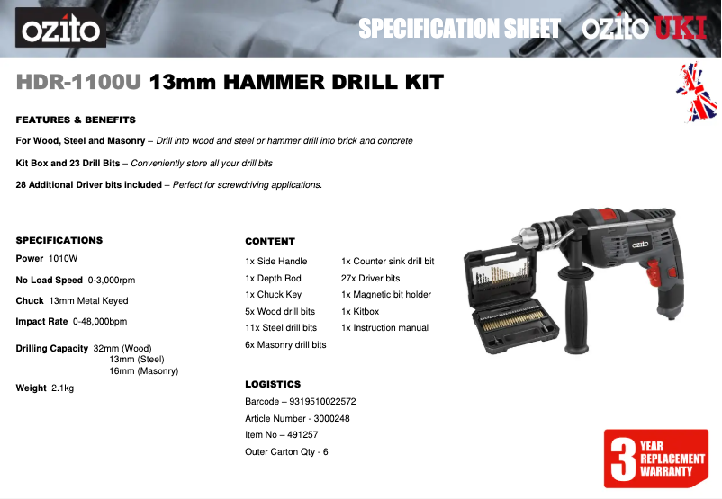 Página 1 del manual Ficha técnica Ozito HDR-1100U
