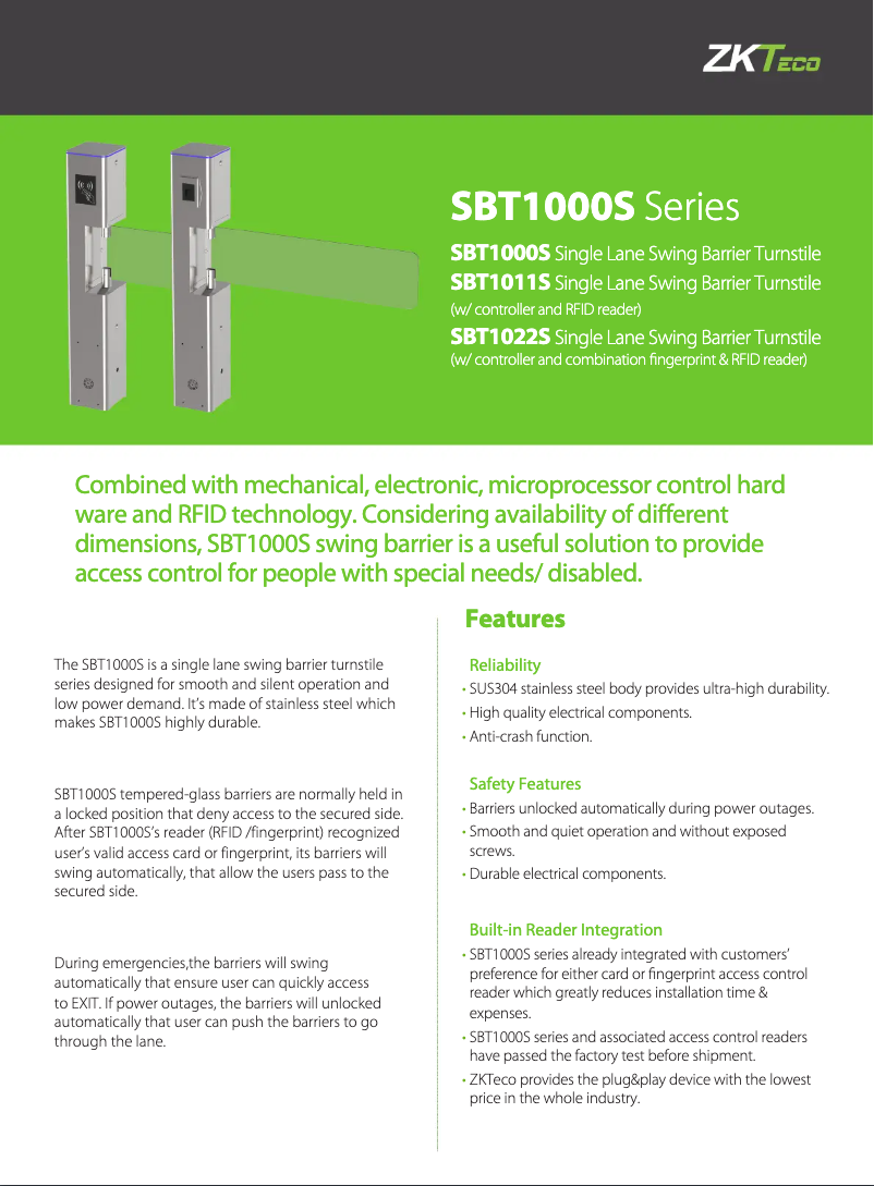 Page 1 de la notice Fiche technique ZKTeco SBT1000S