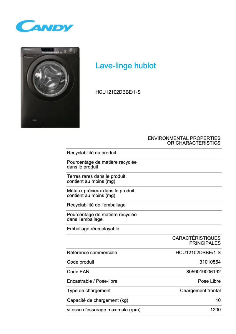 Page 1 de la notice Fiche technique Candy HCU12102DBBE/1-S