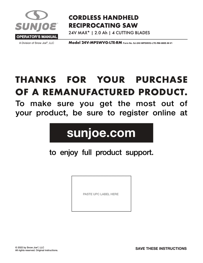 Page 1 de la notice Manuel utilisateur Sun Joe 24V-MPSWVG-LTE-SJG-RM