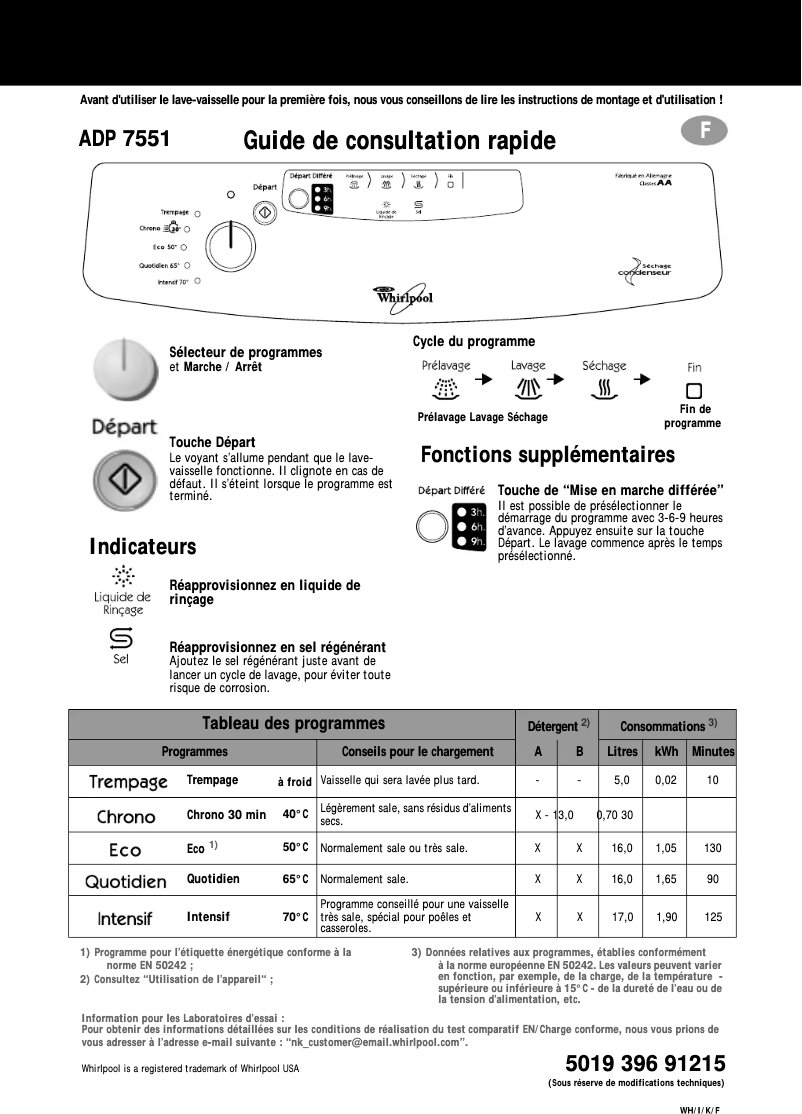 Page 1 de la notice Manuel utilisateur Whirlpool ADP 7551 WH
