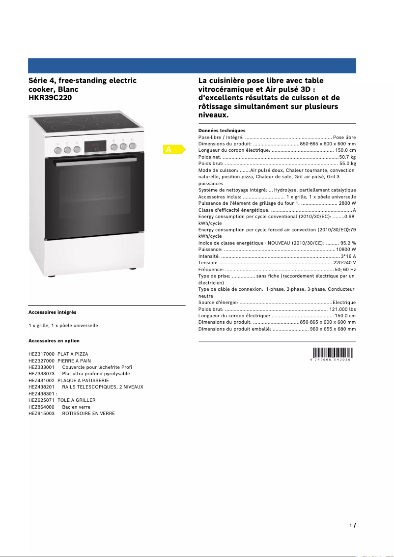 Página 1 del manual Ficha técnica Bosch HKR39C220