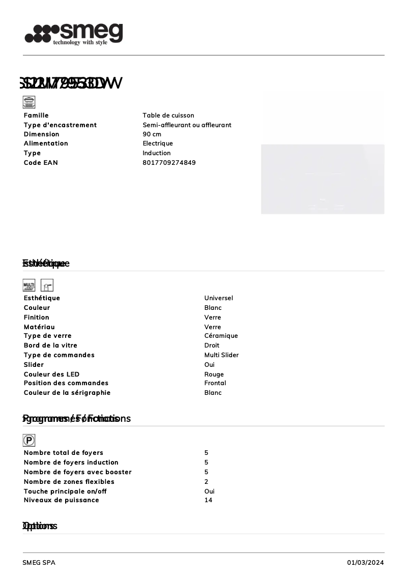 Page 1 de la notice Fiche technique Smeg SI2M7953DW