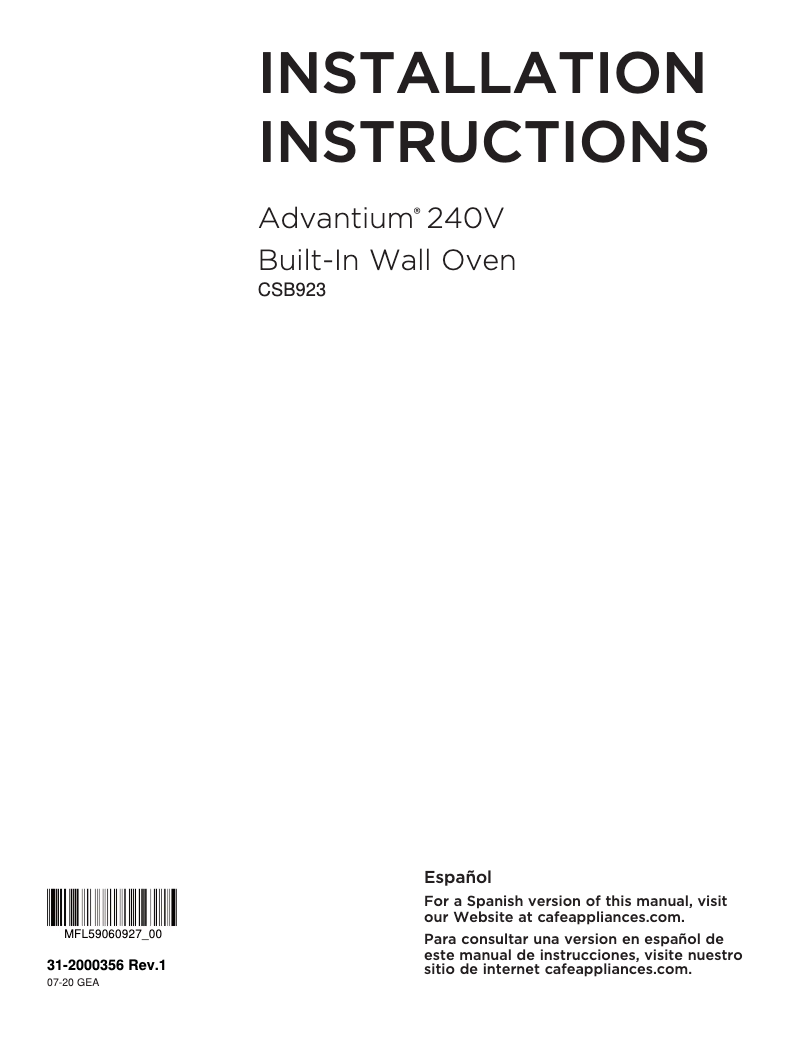Página 1 del manual Guía de instalación GE Café CSB923P4NW2