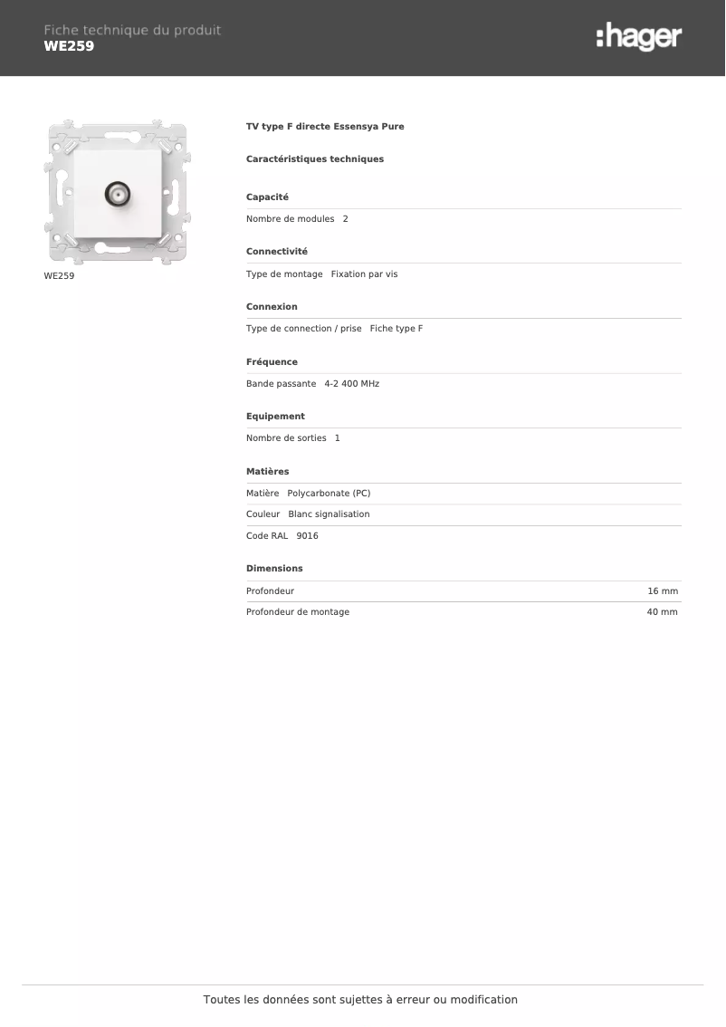 Page 1 de la notice Fiche technique Hager WE259