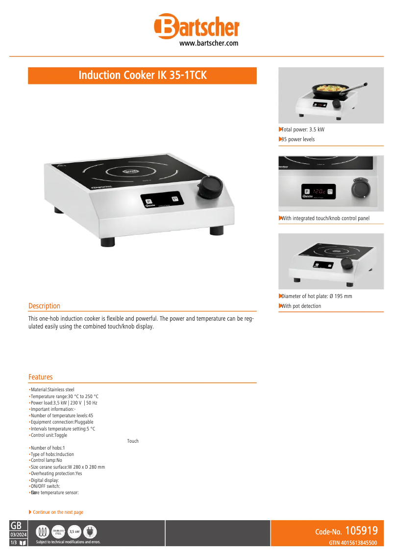 Page n°1 - Fiche technique Bartscher IK 35-1TCK