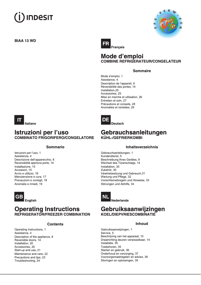 Page 1 de la notice Manuel utilisateur Indesit BIAA 13 F WD