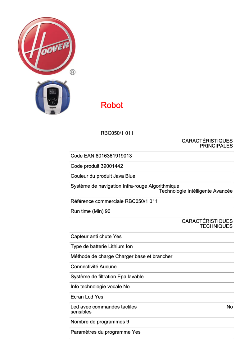 Page n°1 - Fiche technique Hoover Robocom 3