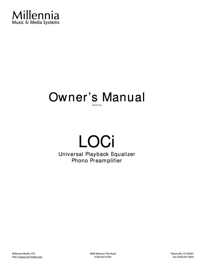 Page n°1 - Manuel utilisateur Millennia LOCI