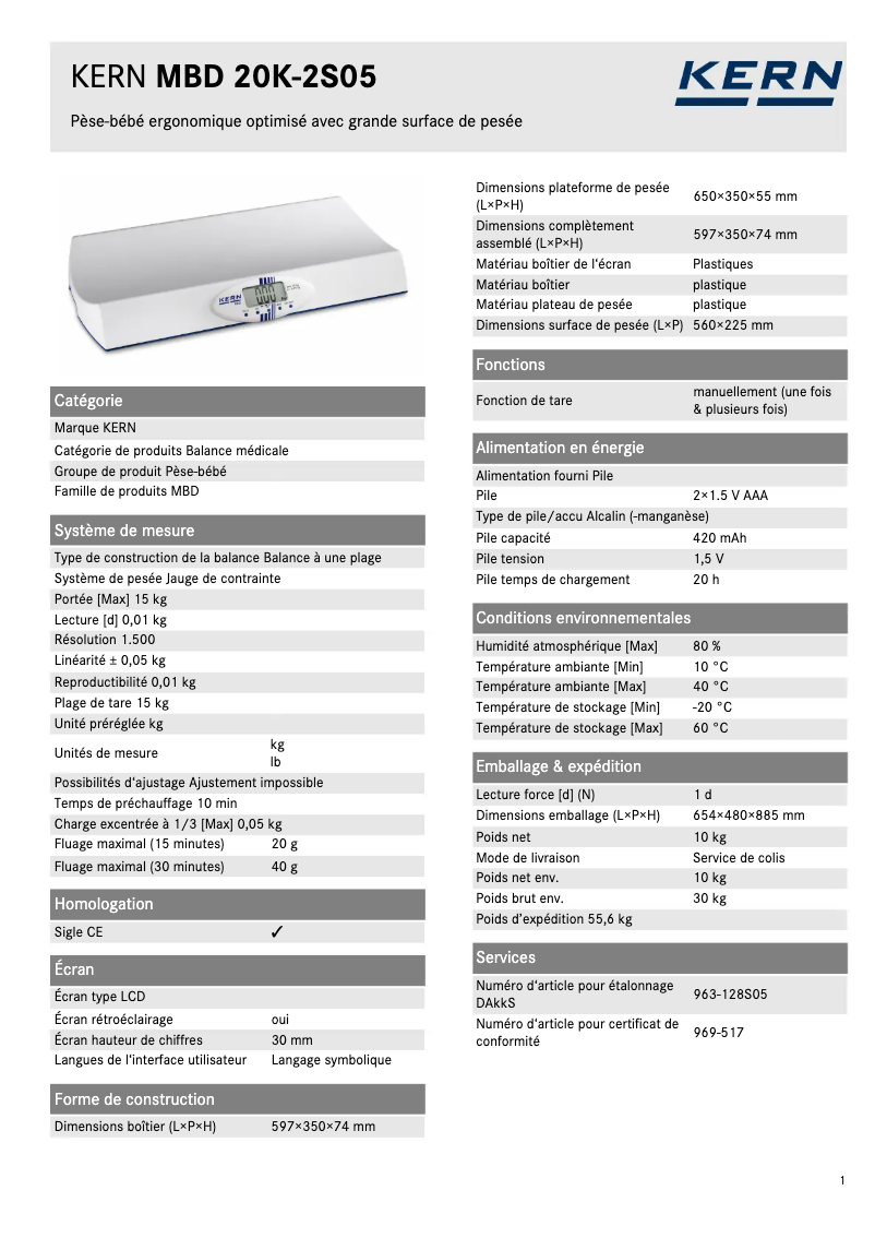 Page 1 de la notice Fiche technique Kern MBD 20K-2S05