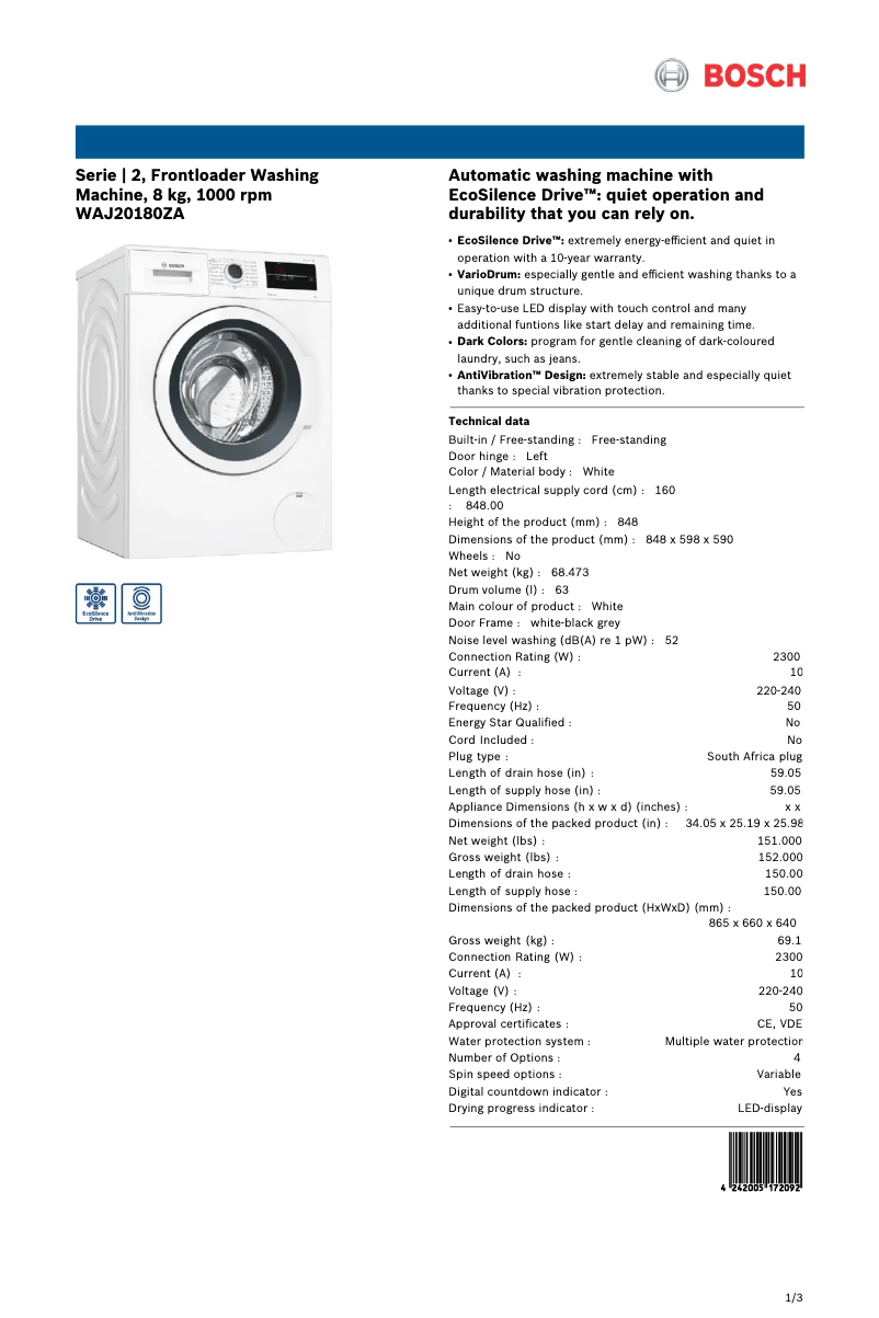 Image de la première page du manuel de l'appareil WAJ20180ZA