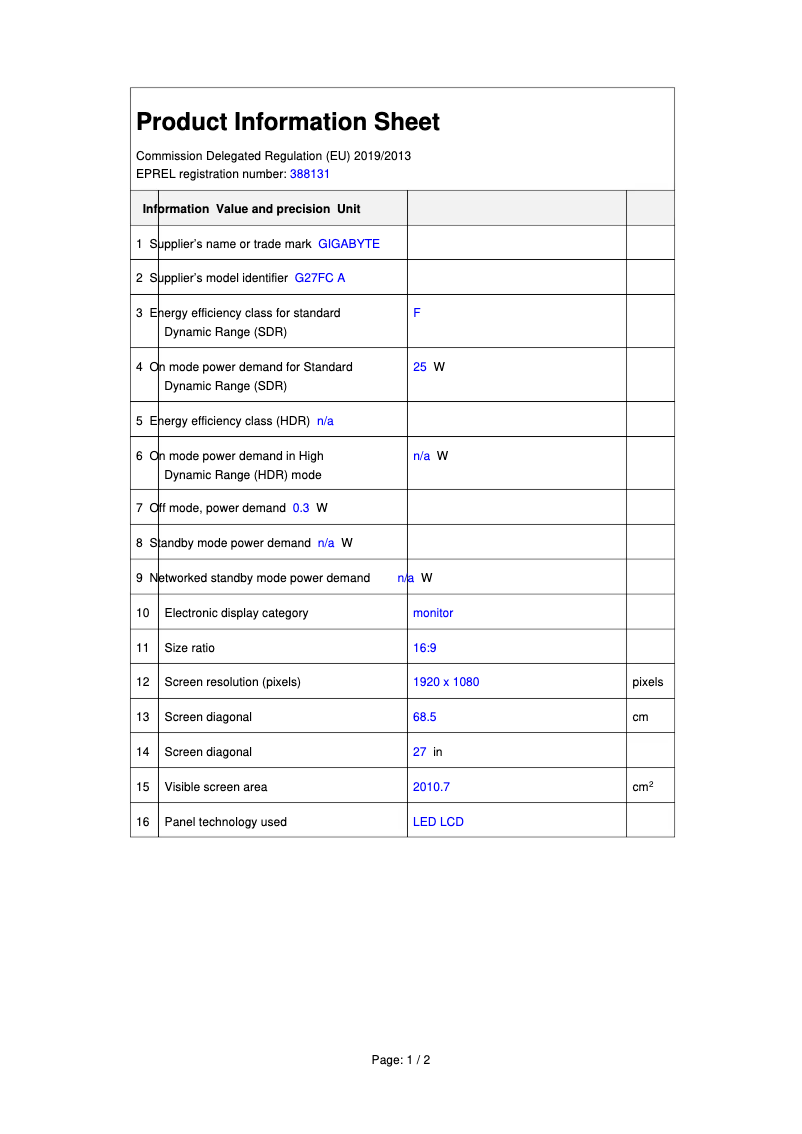 Page n°1 - Fiche technique Gigabyte G27FC A