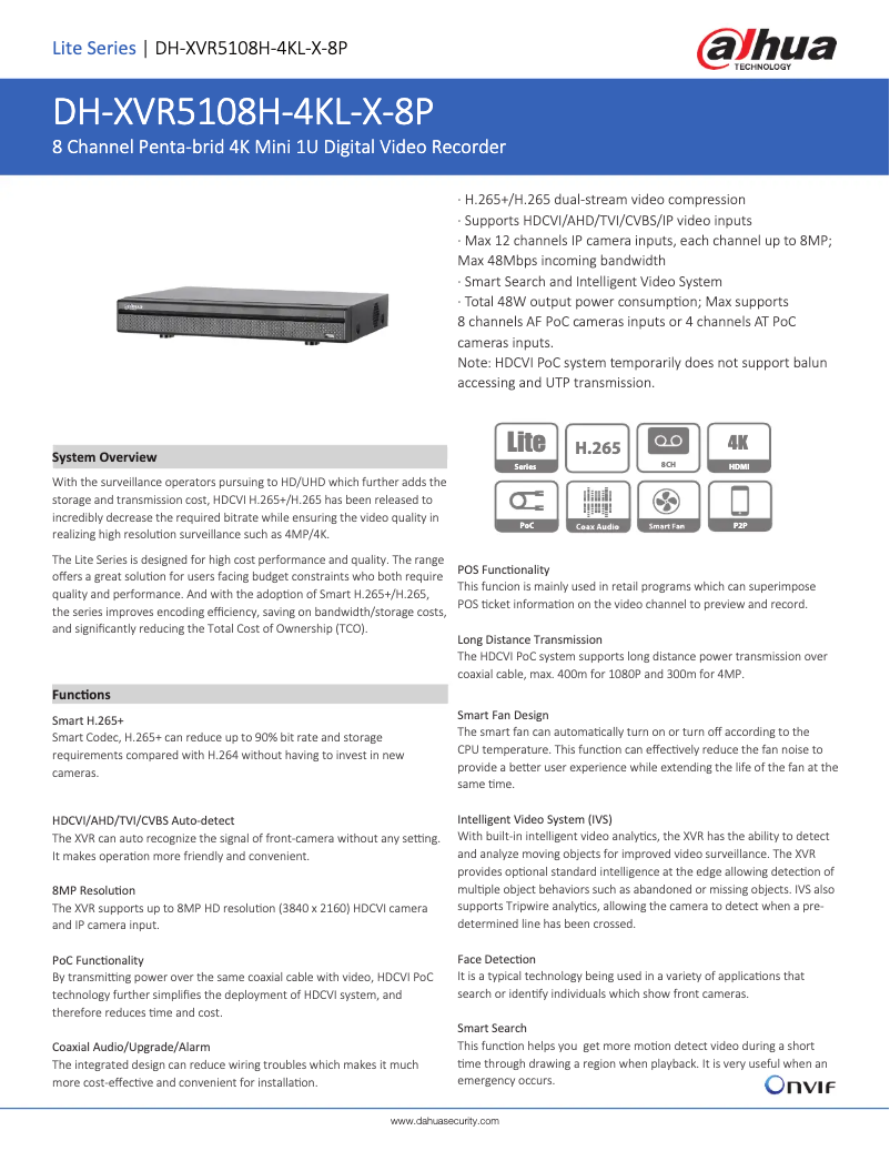 Page n°1 - Fiche technique Dahua Technology XVR5108H-4KL-X-8P