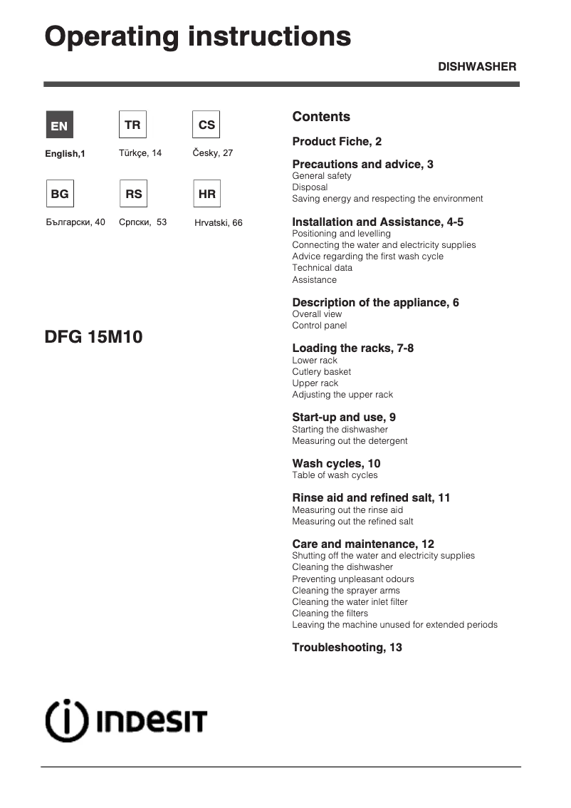 Page 1 de la notice Manuel utilisateur Indesit DFG 15M10 EU