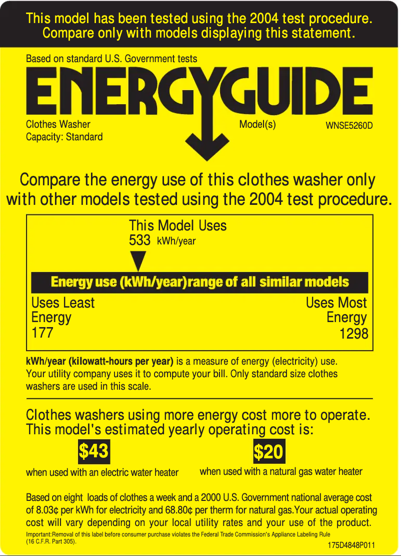 Page 1 de la notice Label énergétique GE WNSE5260DWW