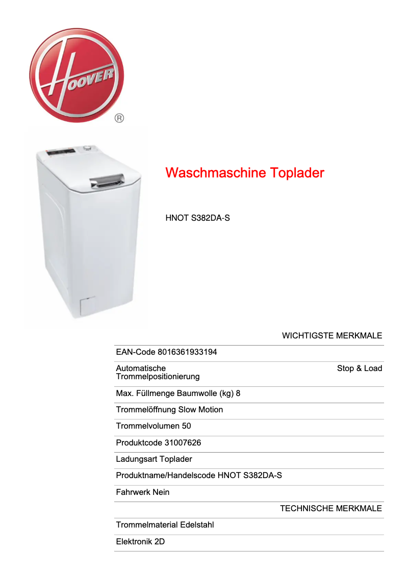 Page 1 de la notice Fiche technique Hoover Dynamic Next HNOT S382DA-S
