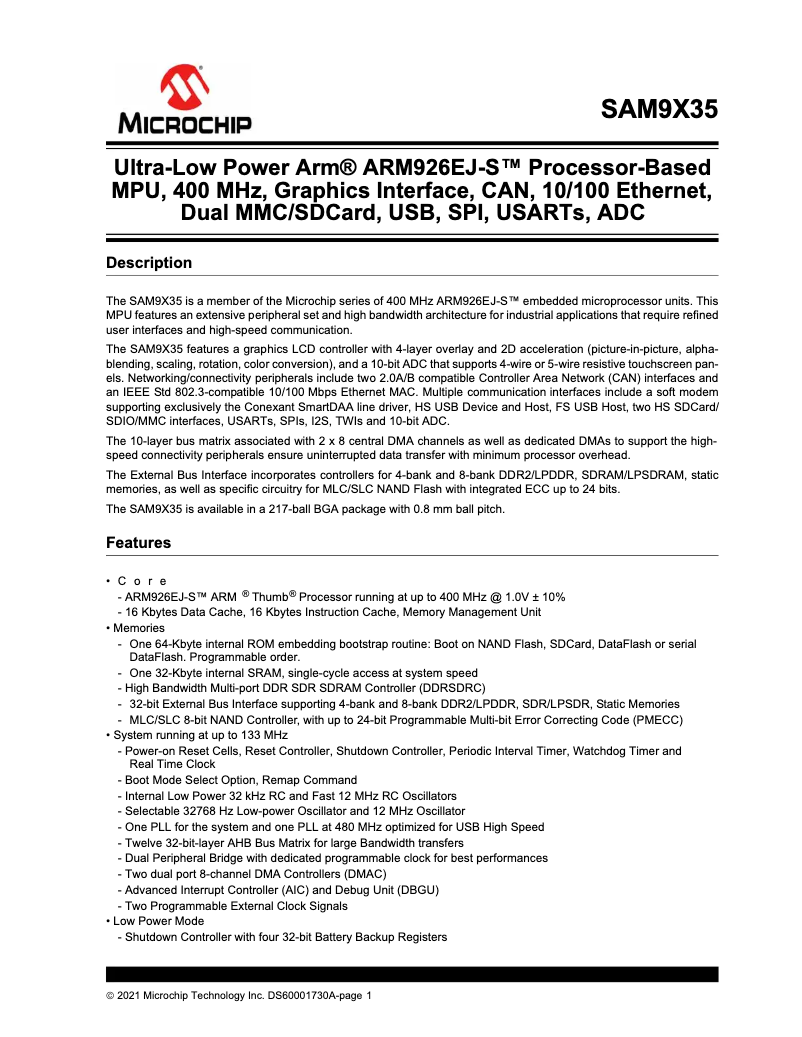 Page 1 de la notice Fiche technique Microchip AT91SAM9X35