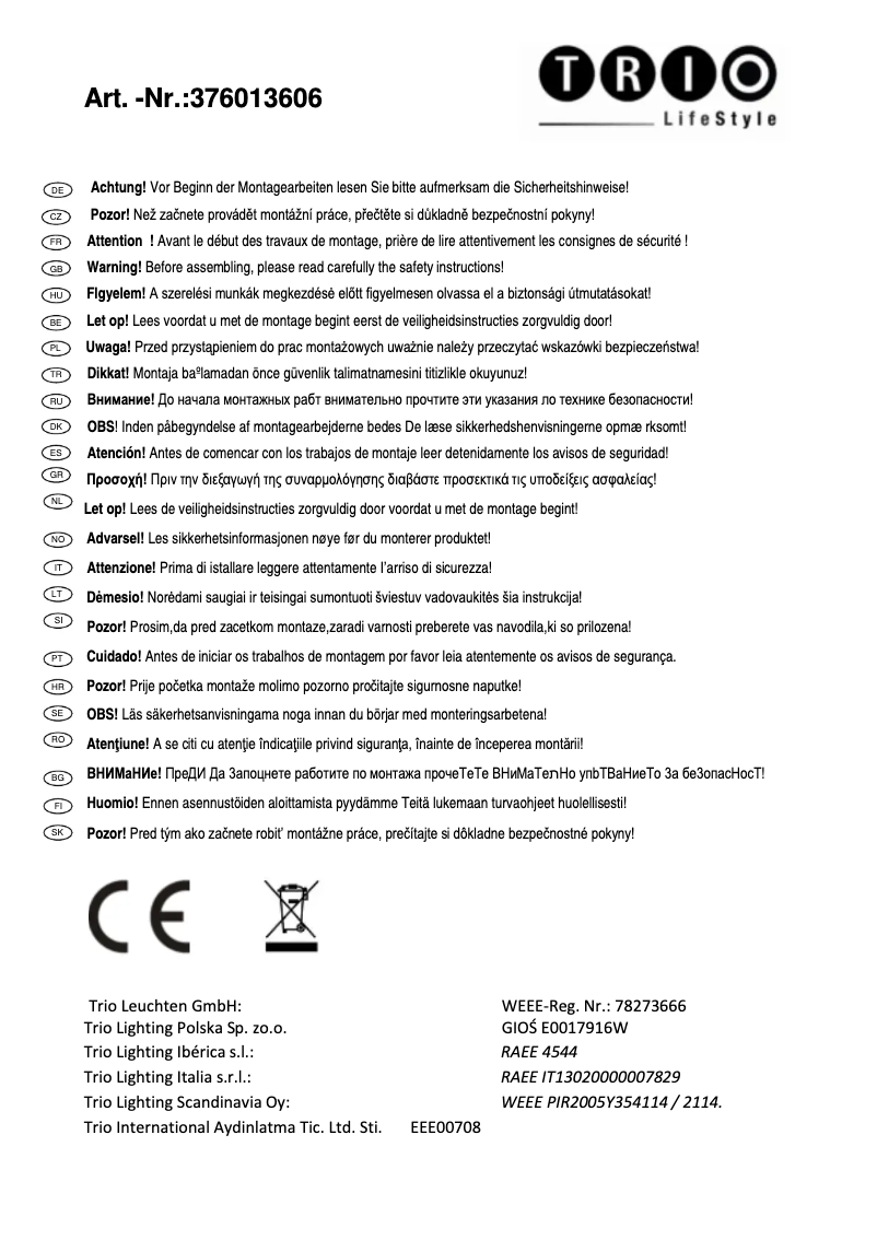 Page n°1 - Manuel utilisateur Trio Lighting Saturn