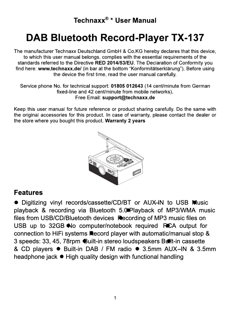 Page n°1 - Manuel utilisateur Technaxx TX-137