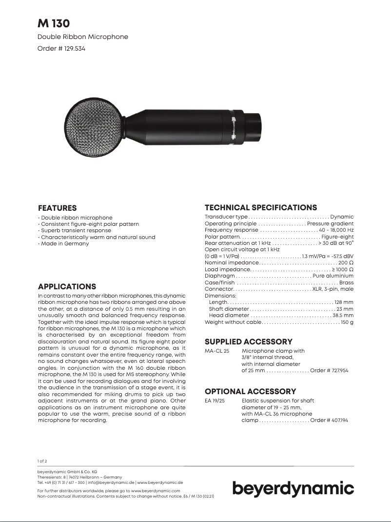 Page 1 de la notice Fiche technique Beyerdynamic M 130
