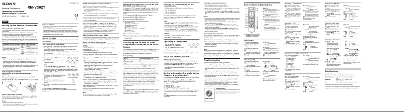 Page 1 de la notice Manuel utilisateur Sony RM-V302T