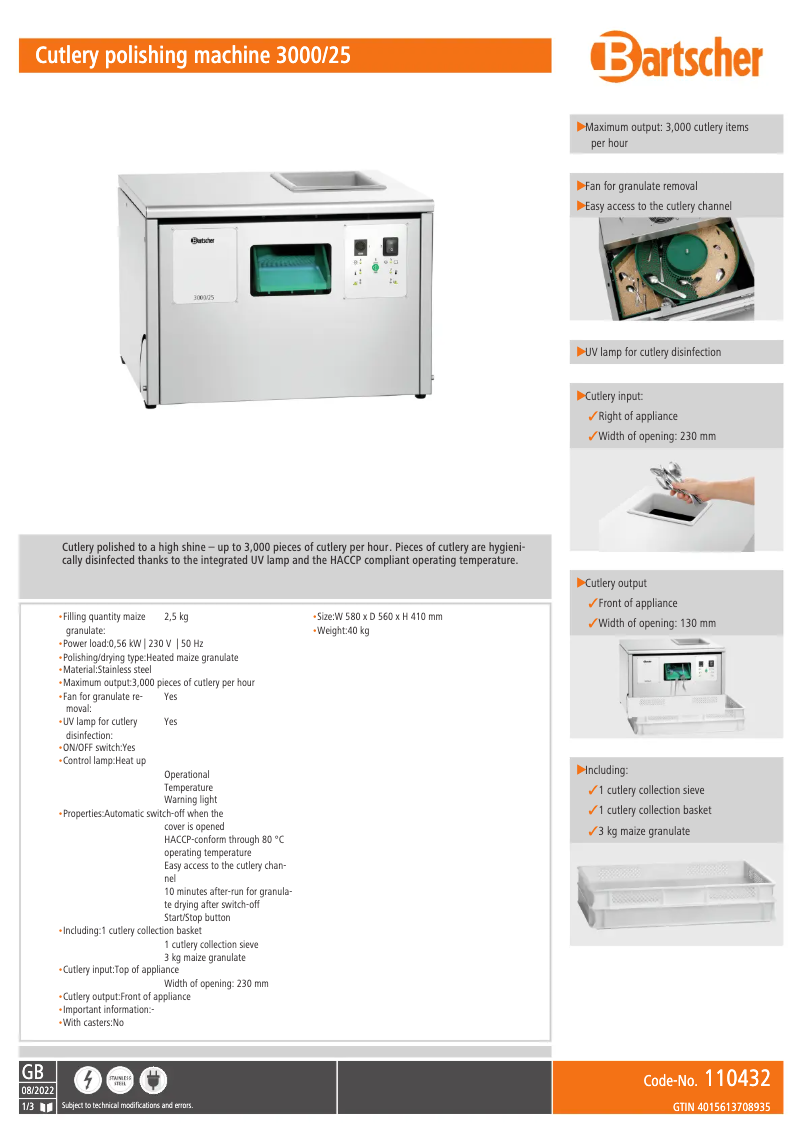 Page 1 de la notice Fiche technique Bartscher 110432