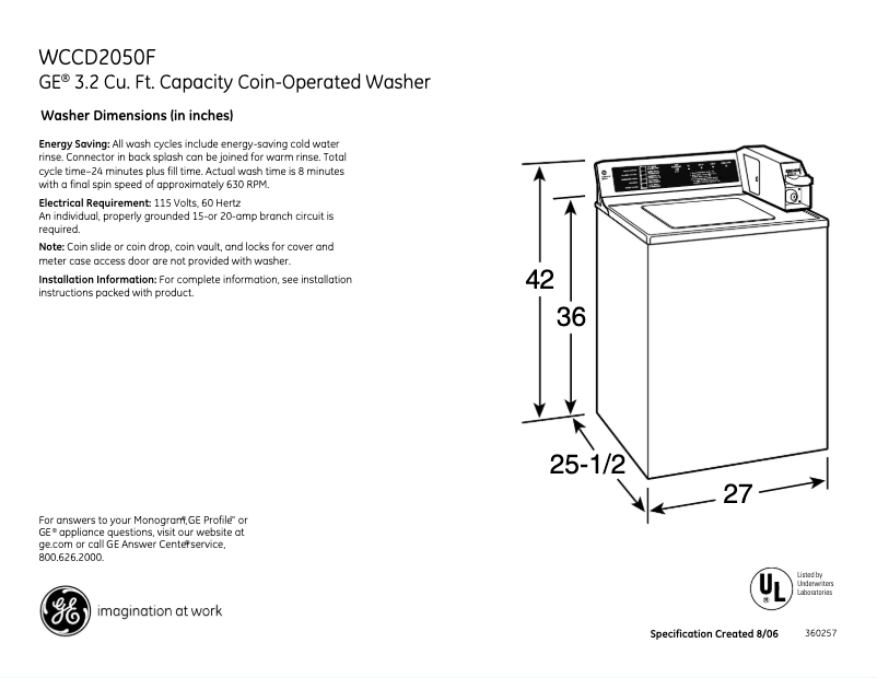 Page 1 de la notice Fiche technique GE WCCD2050FWC