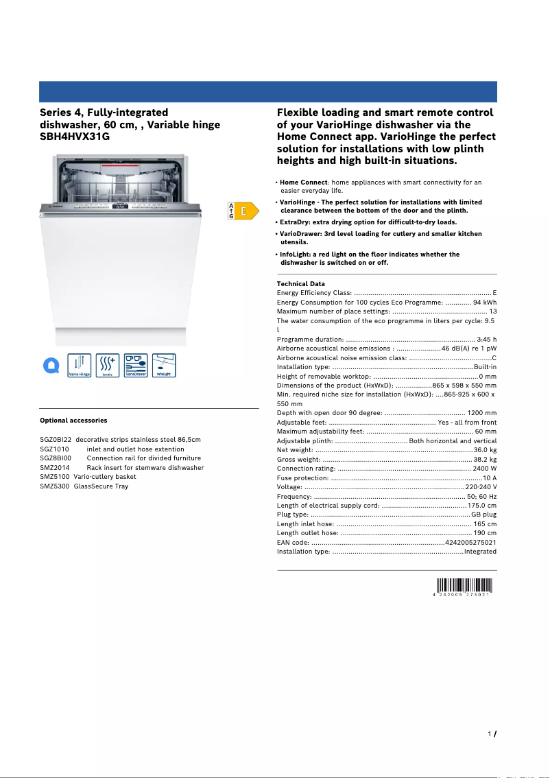 Page n°1 - Fiche technique Bosch SBH4HVX31G