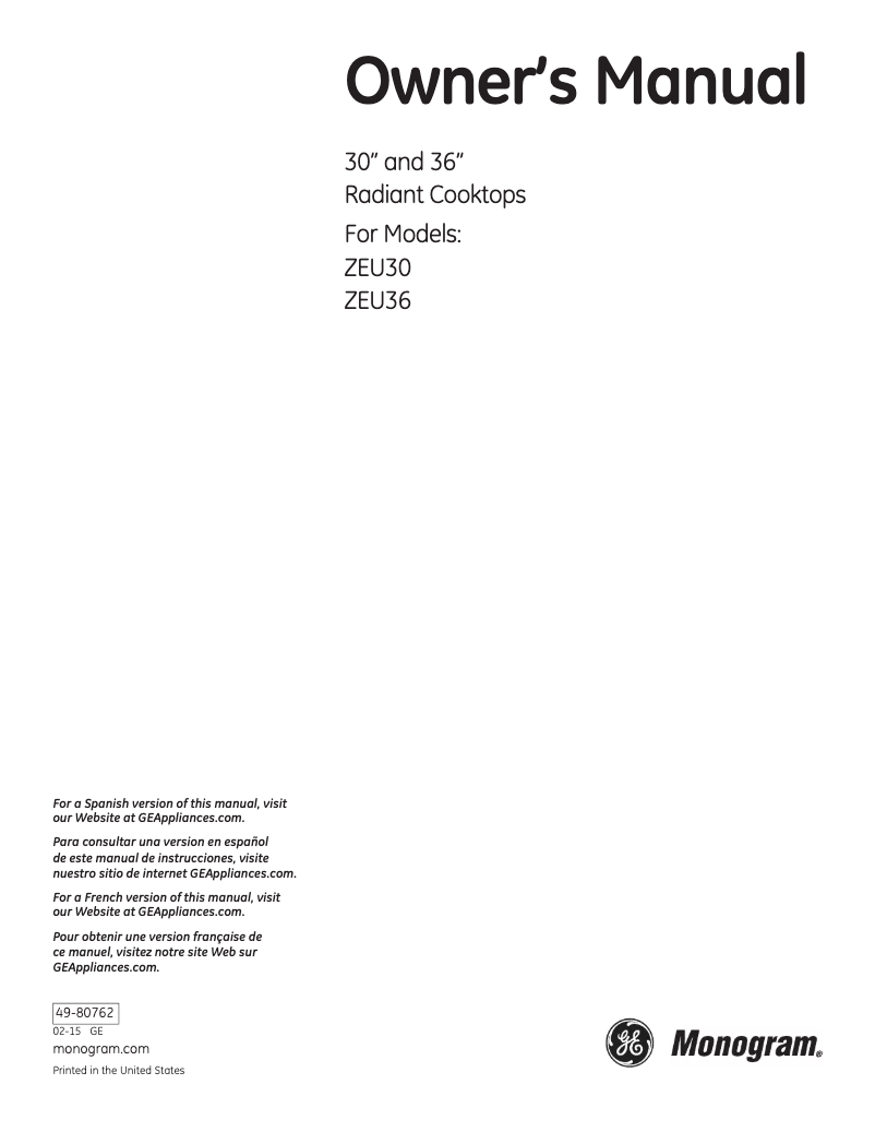 Page n°1 - Manuel utilisateur Monogram ZEU36RSJSS