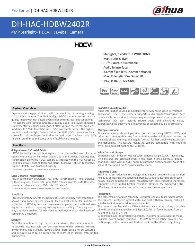 Page 1 de la notice Fiche technique Dahua Technology HAC-HDBW2402R