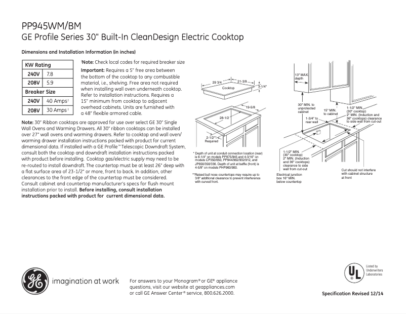 Página 1 del manual Ficha técnica GE Profile PP945WMWW