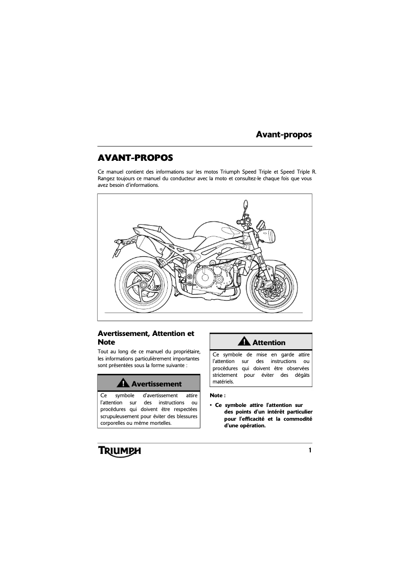 Page 1 de la notice Manuel utilisateur Triumph Speed Triple R (2012)