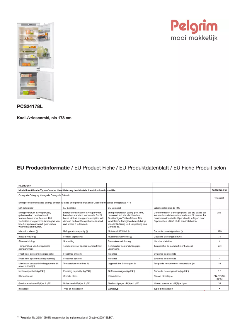 Page 1 de la notice Fiche technique Pelgrim PCS24178L