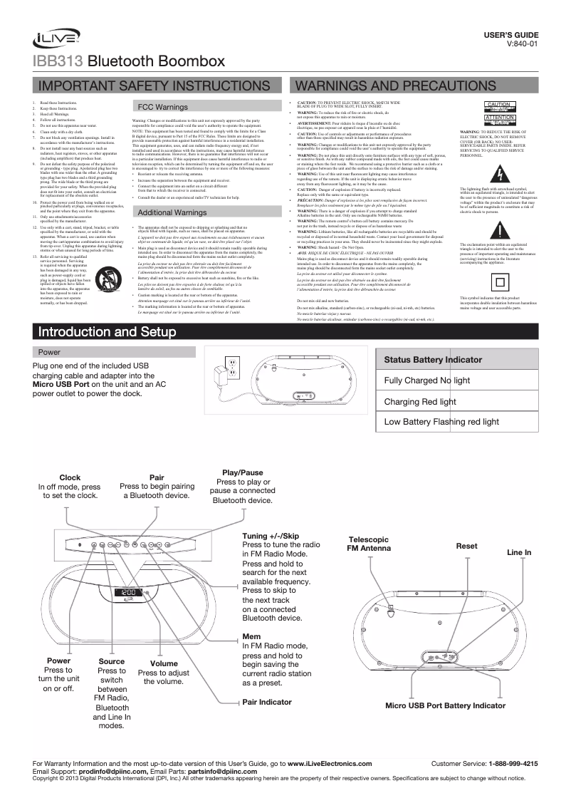 Page n°1 - Manuel utilisateur iLive IBB313R