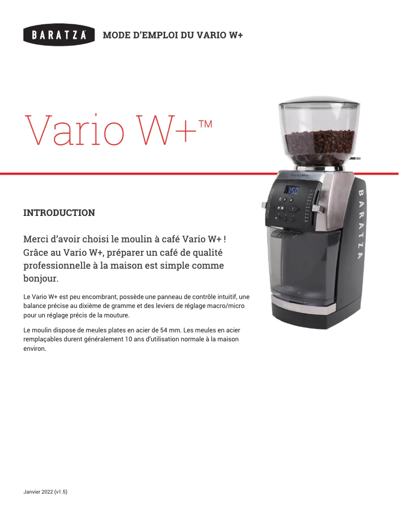 Page n°1 - Manuel utilisateur Baratza Vario W+