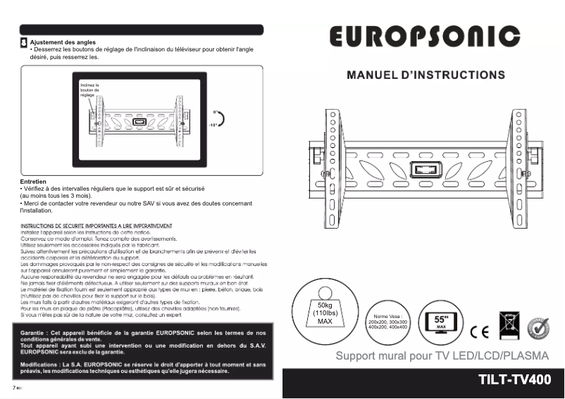 Page n°1 - Manuel utilisateur Europsonic TILT-TV400
