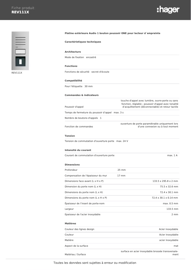 Image de la première page du manuel de l'appareil REV111X