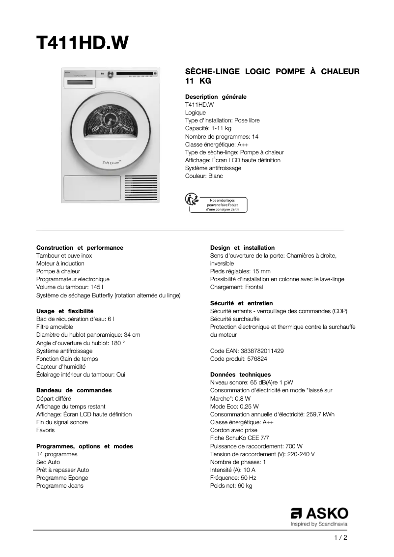 Page 1 de la notice Fiche technique Asko T411HD