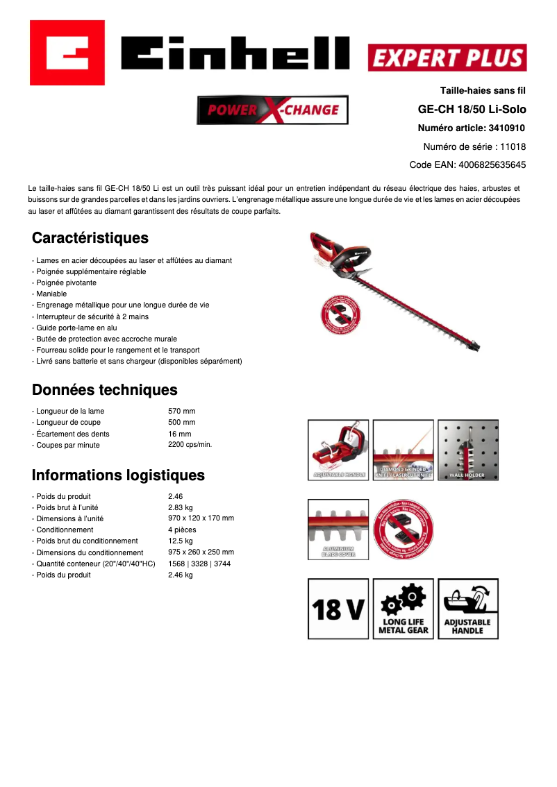 Page n°1 - Fiche technique Einhell GE-CH 18/50 Li-Solo