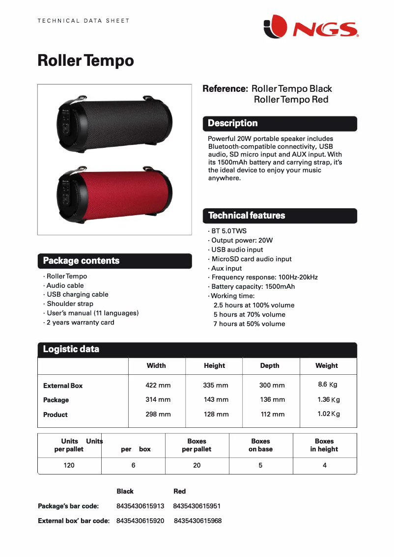 Page 1 de la notice Fiche technique NGS Roller Tempo