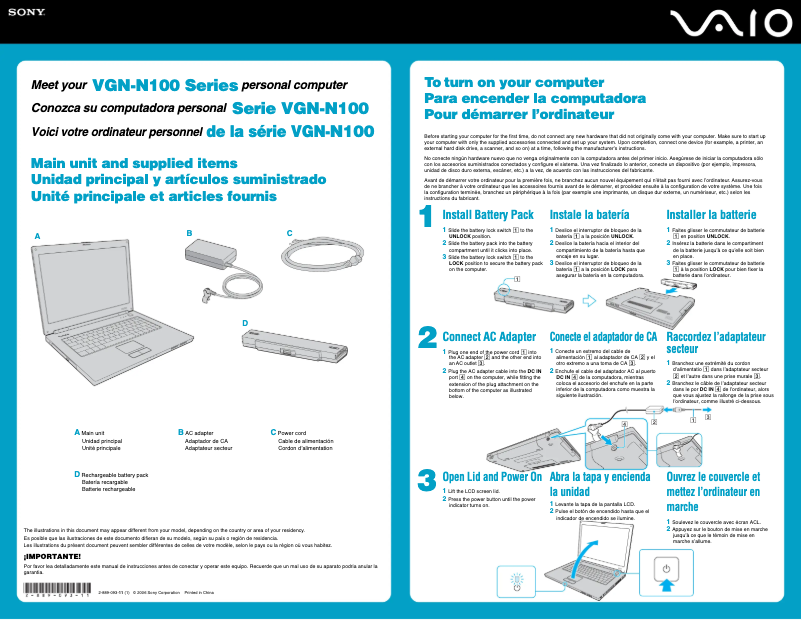 Page 1 de la notice Guide d'installation Sony Vaio VGN-N150G