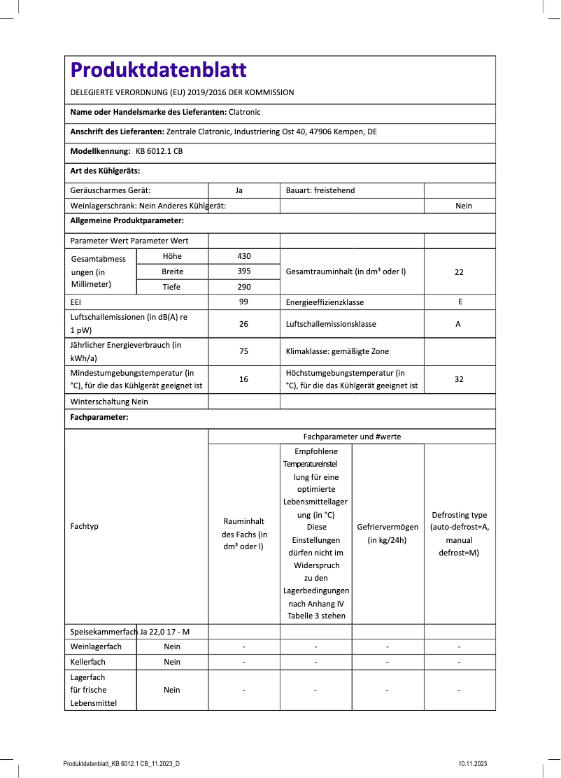 Page 1 de la notice Fiche technique Bomann KB 6012.1 CB
