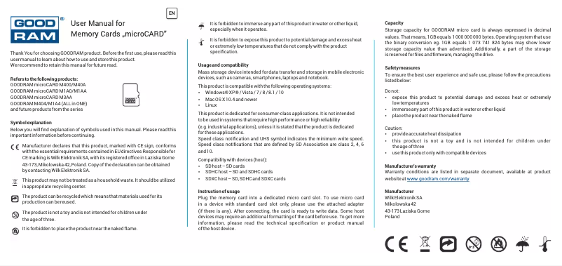 Page 1 de la notice Manuel utilisateur Goodram M1AA-0160R12