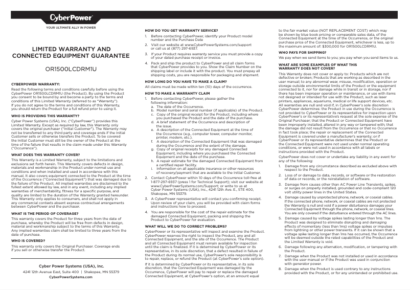 Page n°1 - Informations de garantie CyberPower OR1500LCDRM1U