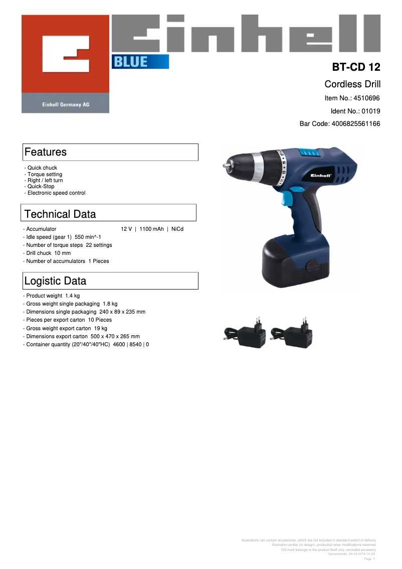 Page 1 de la notice Manuel utilisateur Einhell BT-CD 12