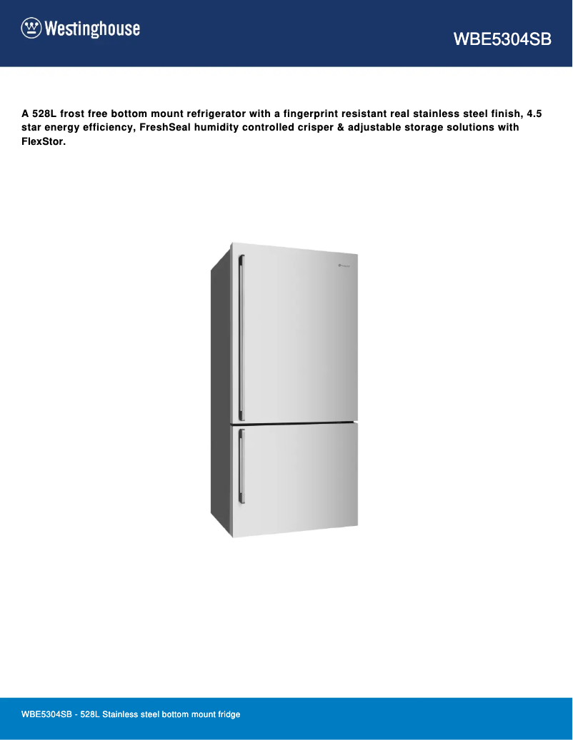 Page 1 de la notice Fiche technique Westinghouse WBE5304SB